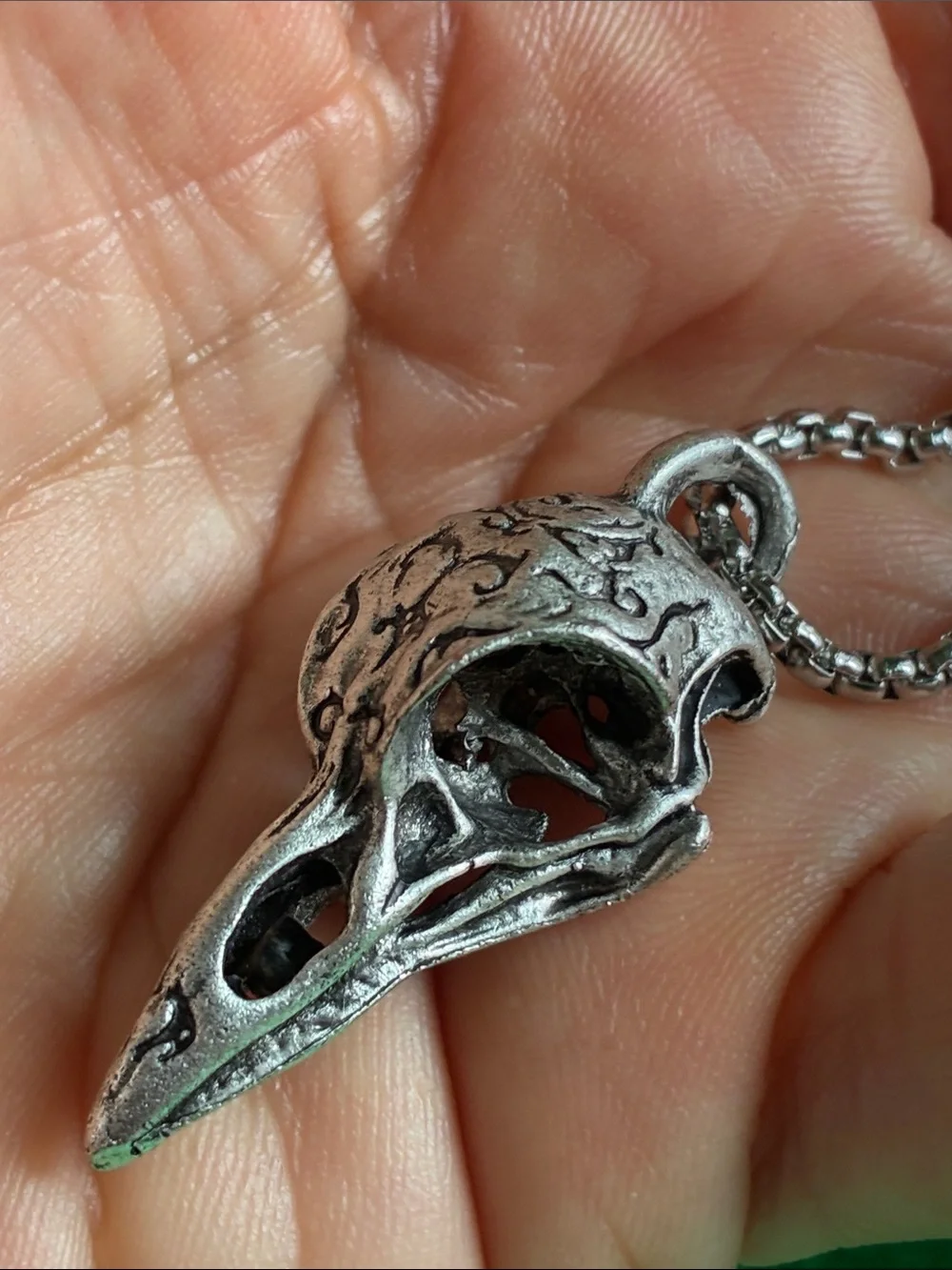 Gothic raven crow skull pendant necklace in silvertone Edgar Allan Poe inspired